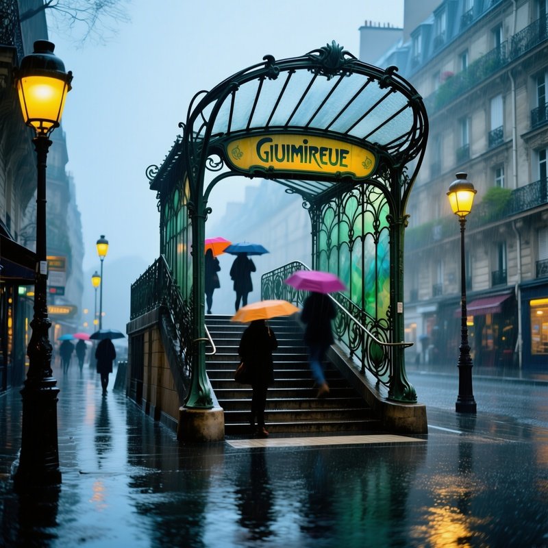 Art Nouveau Paris Metro Entrance Rainy Street