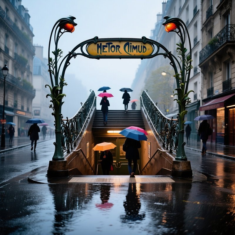 Art Nouveau Paris Metro Entrance Rainy Street