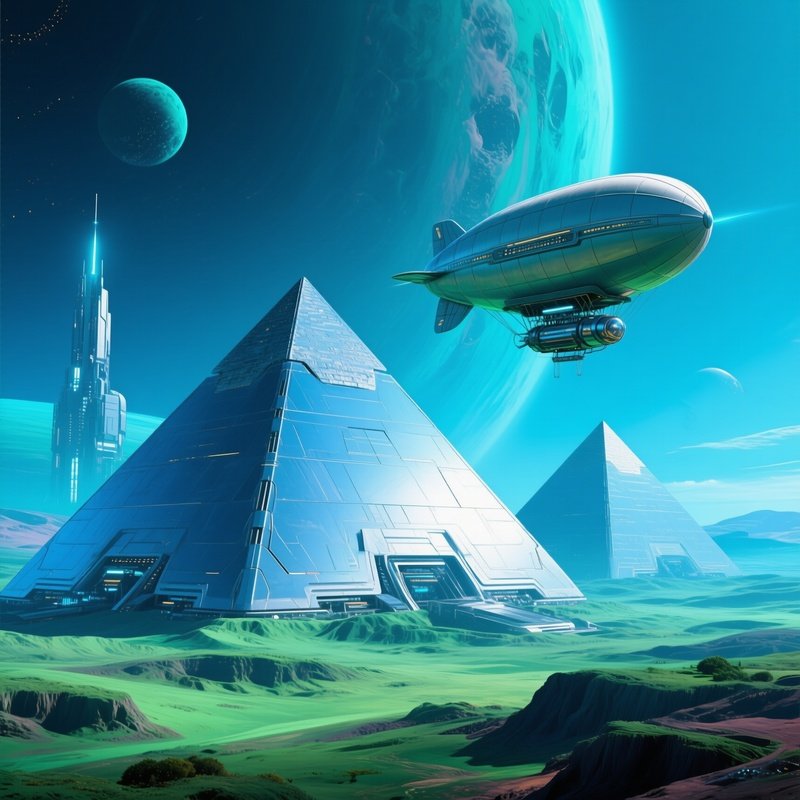Artificial Pyramids With A Zeppelin Flying By