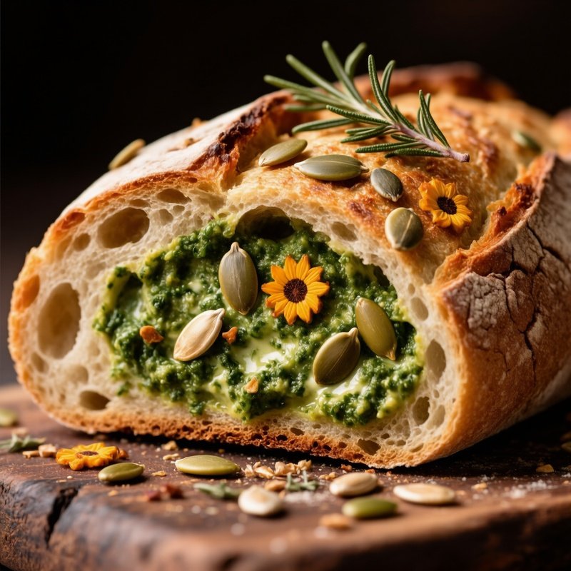 Artisan Bakery Slice Of Crusty Bread With Herb Filling And Seed Toppings