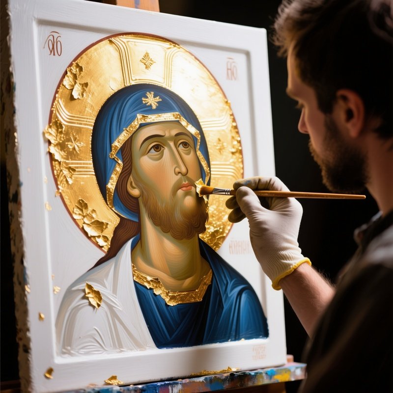 Artist Applying Gold Leaf To Saints Halo