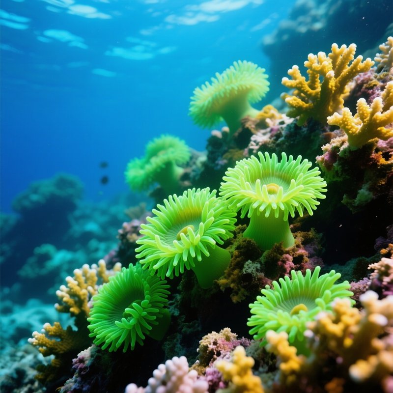 Artistic Coral Reef Neon Green Anemones