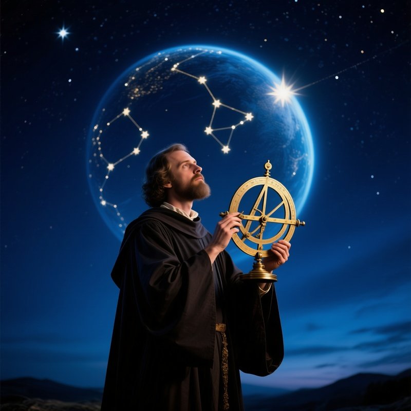 Astronomer Using Astrolabe To Measure Starry Sky