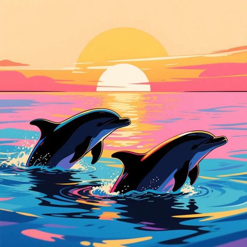 At Dawn, Dolphins Swim Near The Surface, Their Silhouettes Against The Rising Sun Portrayed In A