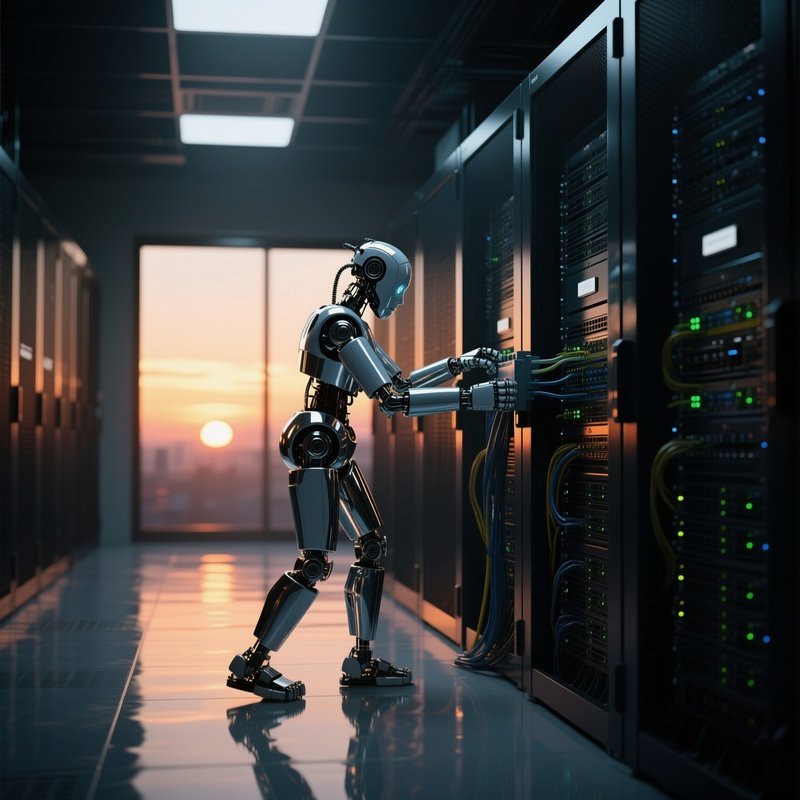 At Dusk, A Robot With A Reflective Metallic Surface Works Alone In A Spacious Server Room, Its