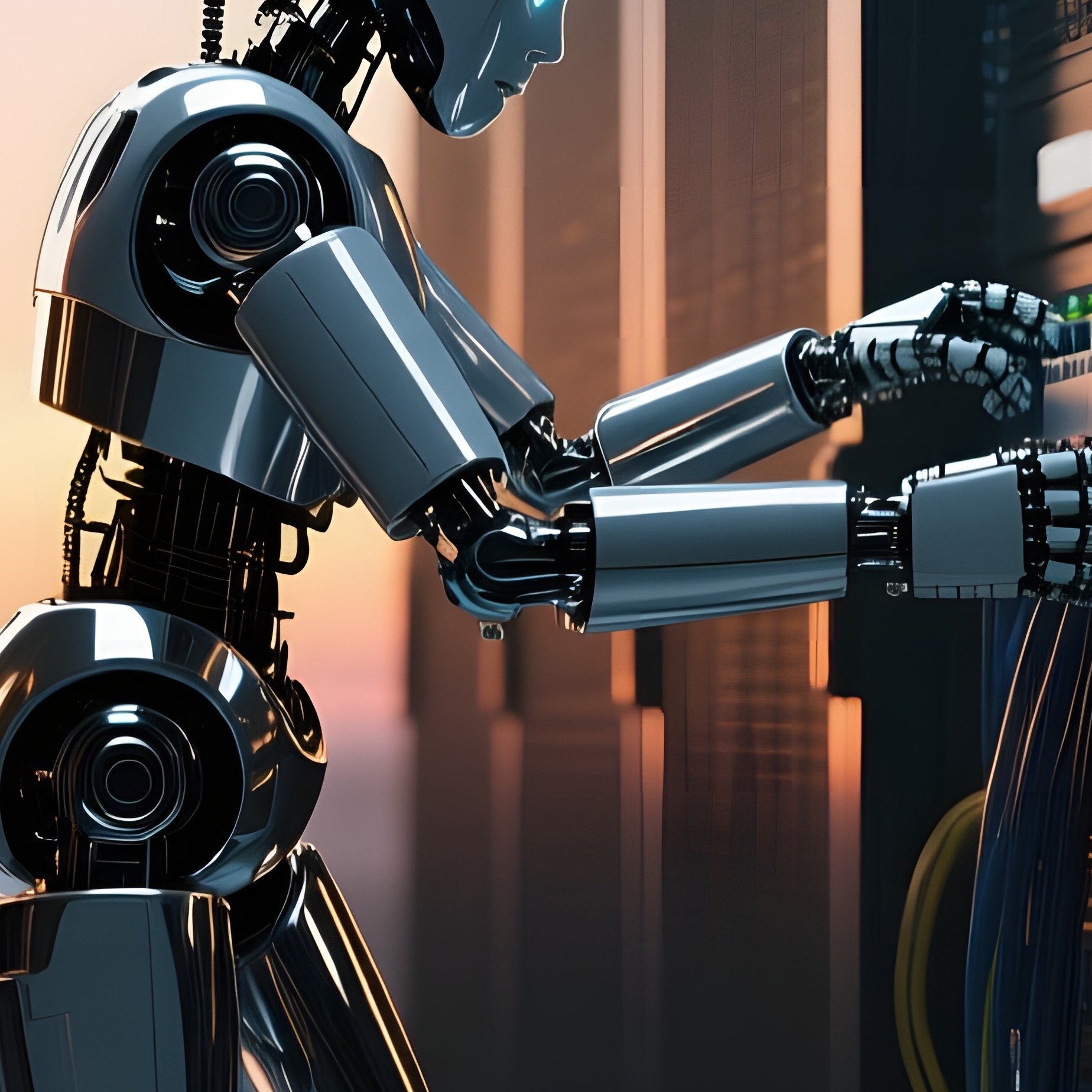 At Dusk, A Robot With A Reflective Metallic Surface Works Alone In A Spacious Server Room, Its - Full Resolution Quality Preview