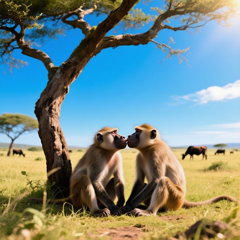 At High Noon In A Sun‑Drenched Savanna Grassland, Two Baboons Rest Under An Acacia Tree, Their