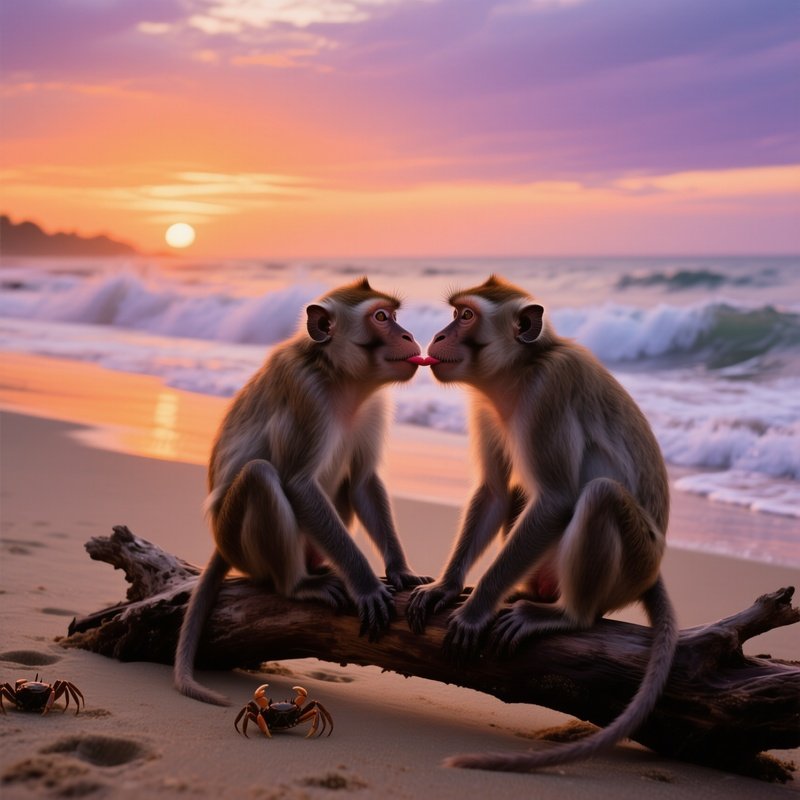 At Sunset On A Quiet Beach, A Pair Of Crab Eating Macaques Sit On A Driftwood Log, Their Lips