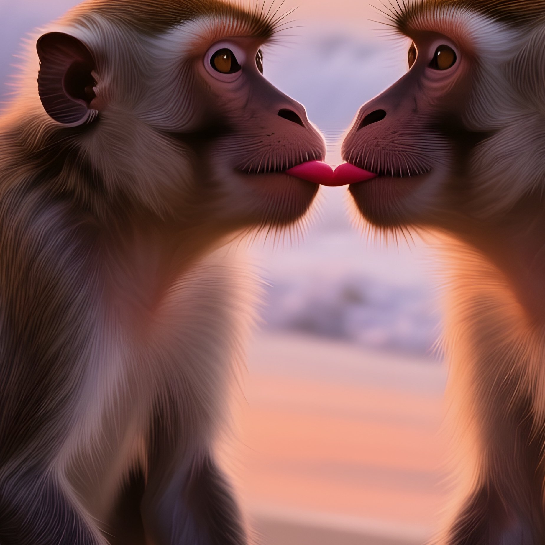 At Sunset On A Quiet Beach, A Pair Of Crab Eating Macaques Sit On A Driftwood Log, Their Lips - Full Resolution Quality Preview
