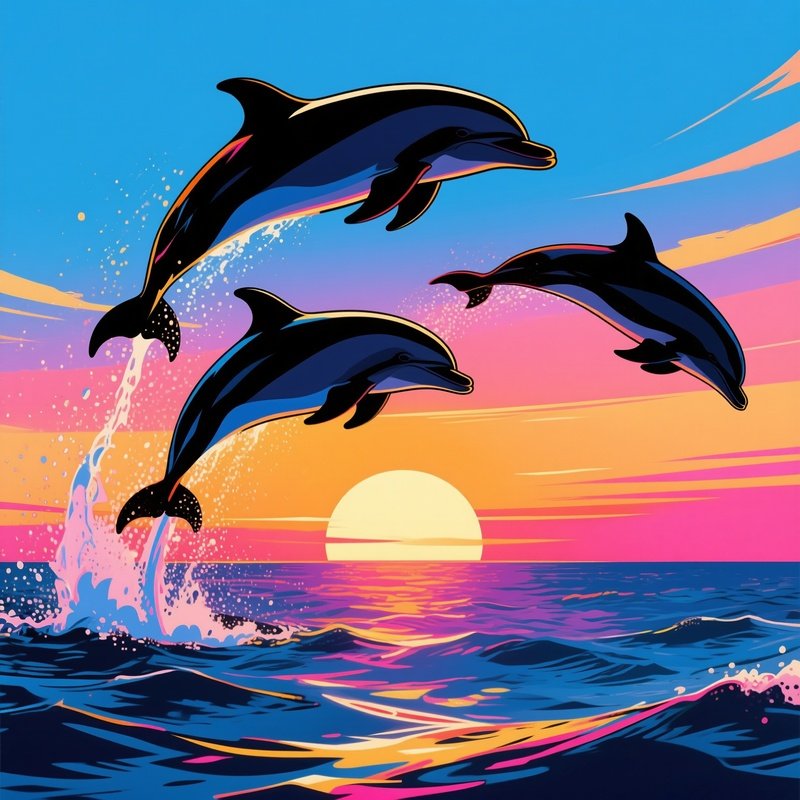At Twilight, Dolphins Leap In Synchronized Arcs From The Ocean, Their Silhouettes Against The