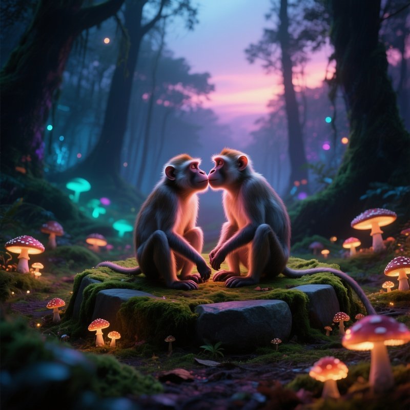 At Twilight In An Enchanted Forest Glade Illuminated By Glowing Fungi, Two Macaques Sit On A