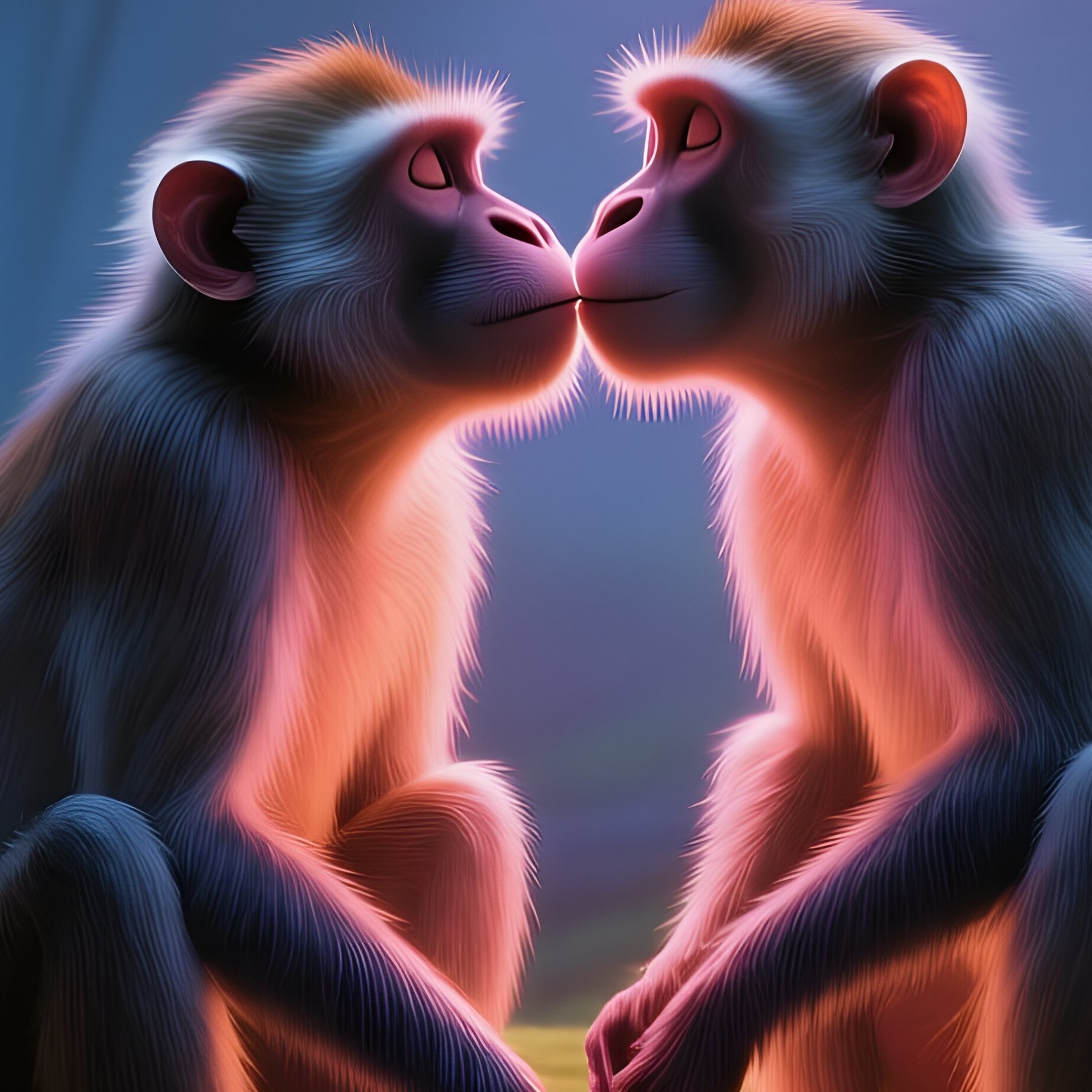 At Twilight In An Enchanted Forest Glade Illuminated By Glowing Fungi, Two Macaques Sit On A - Full Resolution Quality Preview