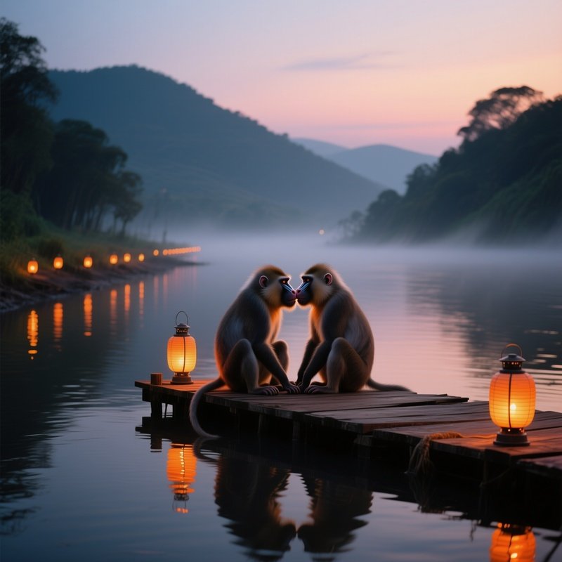 At Twilight On A Misty Riverbank Lined With Lanterns, Two Mandrills Sit On A Wooden Dock And Gently