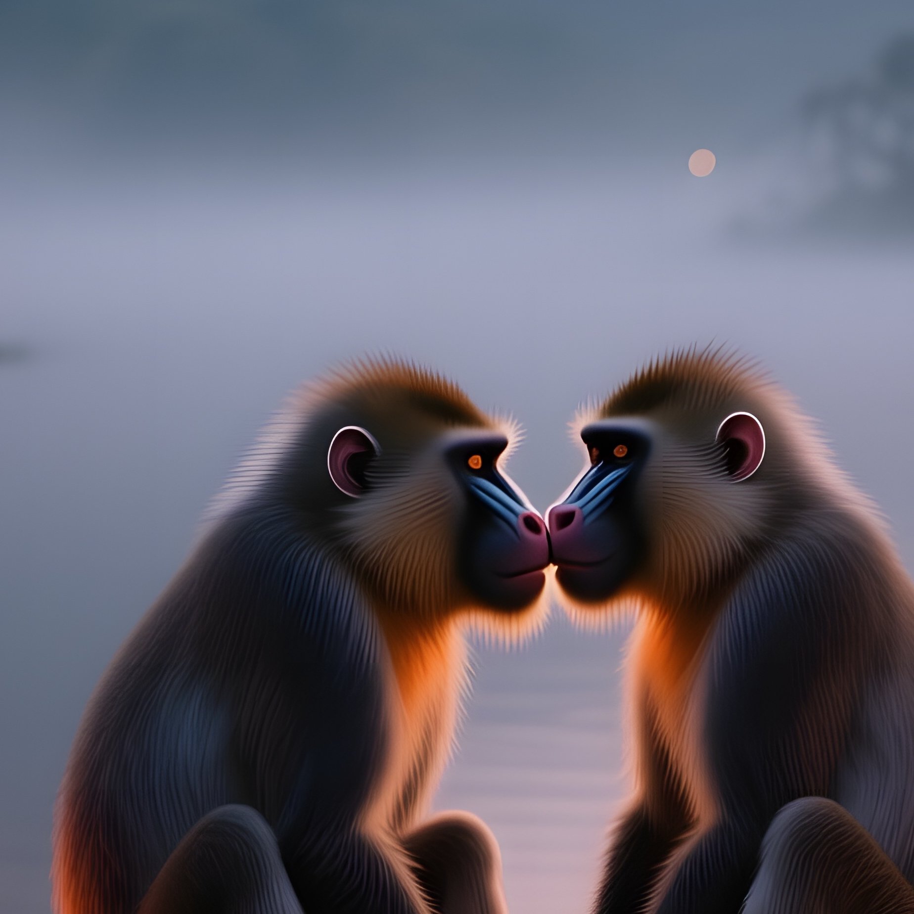 At Twilight On A Misty Riverbank Lined With Lanterns, Two Mandrills Sit On A Wooden Dock And Gently - Full Resolution Quality Preview
