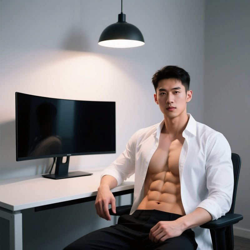 Athletic Man Six Pack At Minimalist Desk