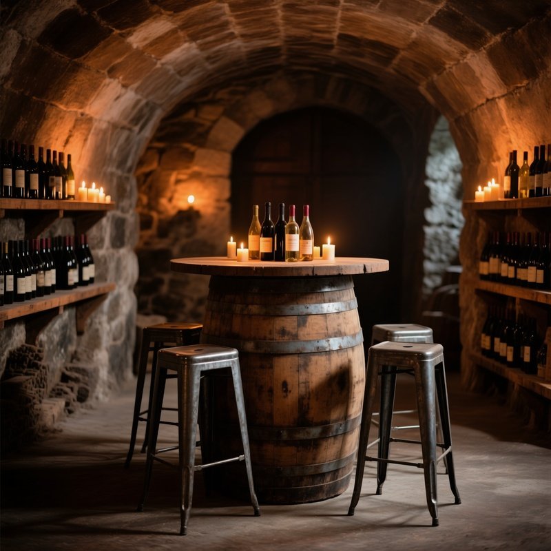 Authentic Oak Wine Barrel As High Top Tasting Table In Wine Cellars