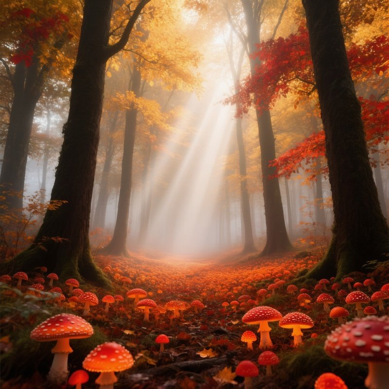 Autumn Black Forest Mushroom Carpet Sunbeams Fog