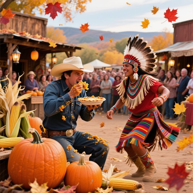 Autumn Harvest Festival With Cowboy And Pueblo Dancer