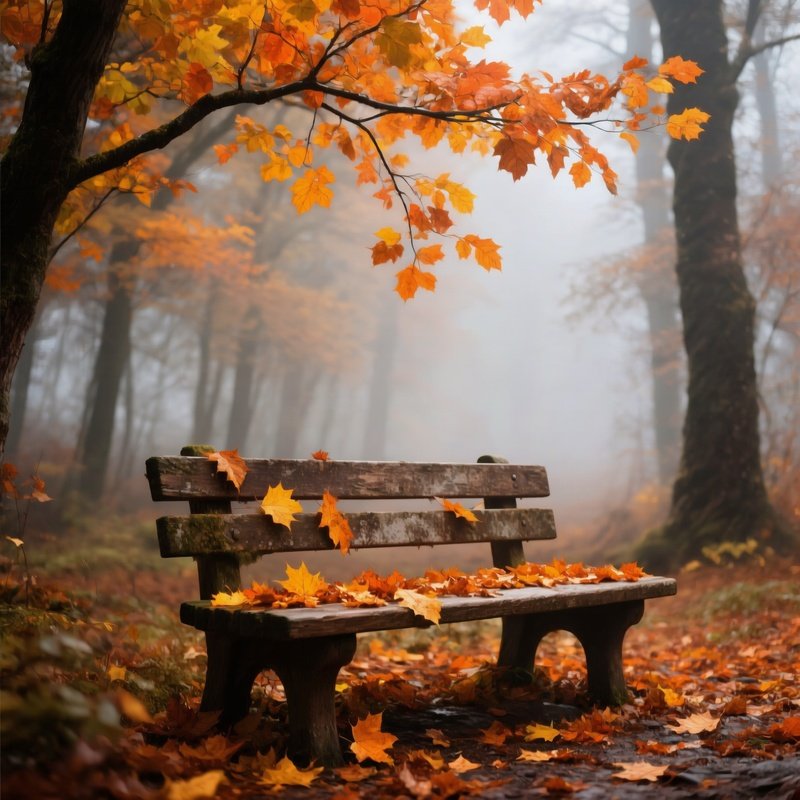 Autumnal Scene With A Wooden Bench Autumn Bench