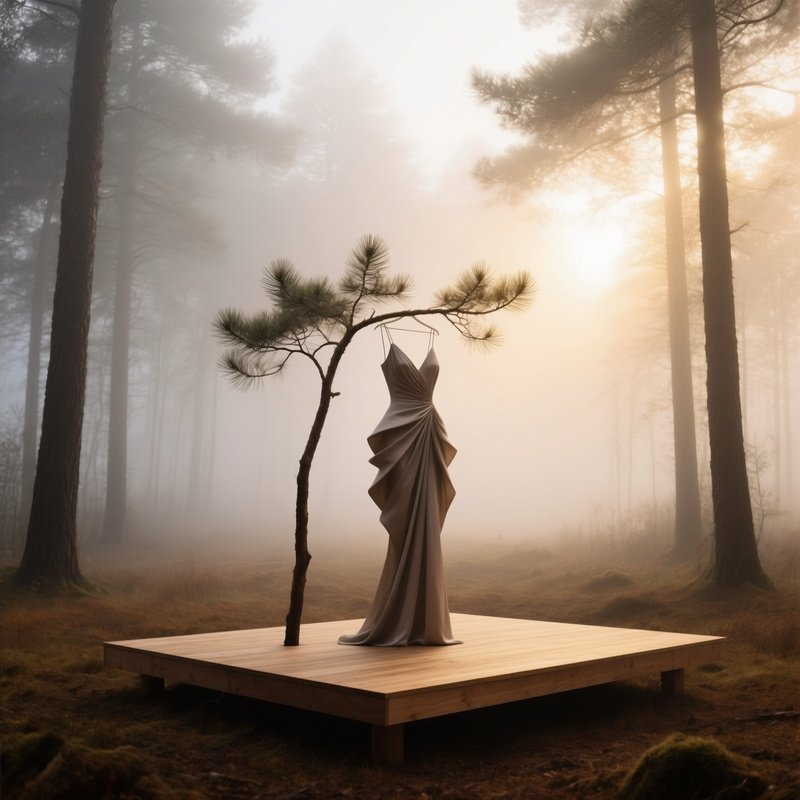 Avant Garde Dress On Pine Branch In Misty Forest At Dawn