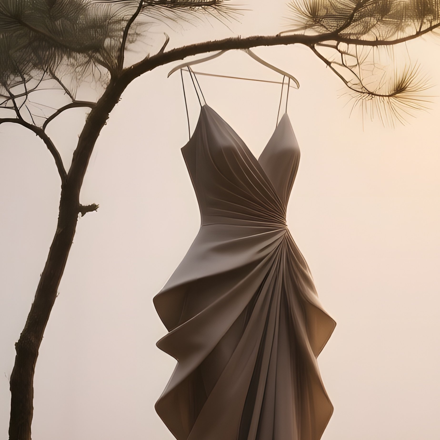 Avant Garde Dress On Pine Branch In Misty Forest At Dawn - Full Resolution Quality Preview
