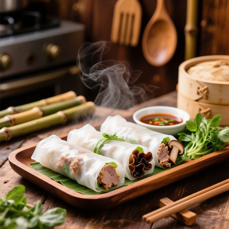 Bahn Cuon Steamed Rice Rolls Filled With Ground Pork And Wood Ear Mushrooms