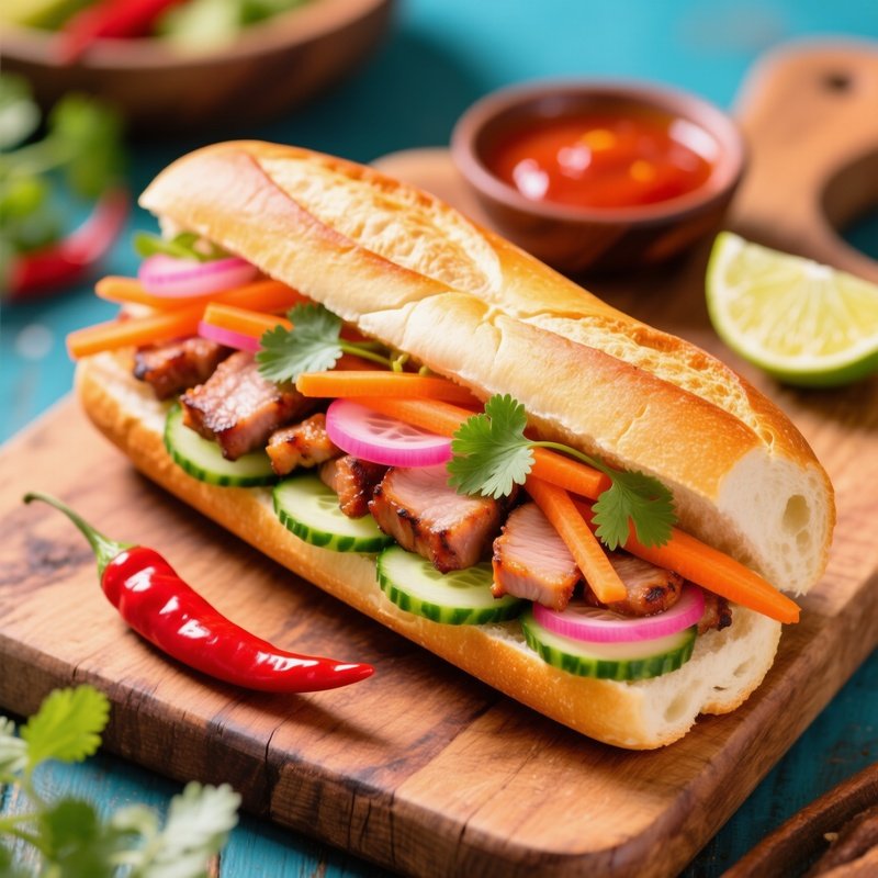 Bahn Mi With Crispy Baguette Filled With Grilled Pork Pickled Carrot Daikon Cucumber Cilantro And Chili
