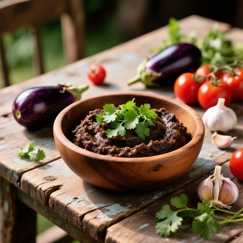 Baingan Bharta Smoky Mashed Eggplant In Wooden Bowl