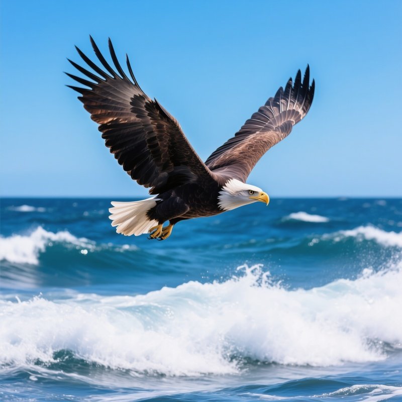 Bald Eagle In Flight Over Ocean