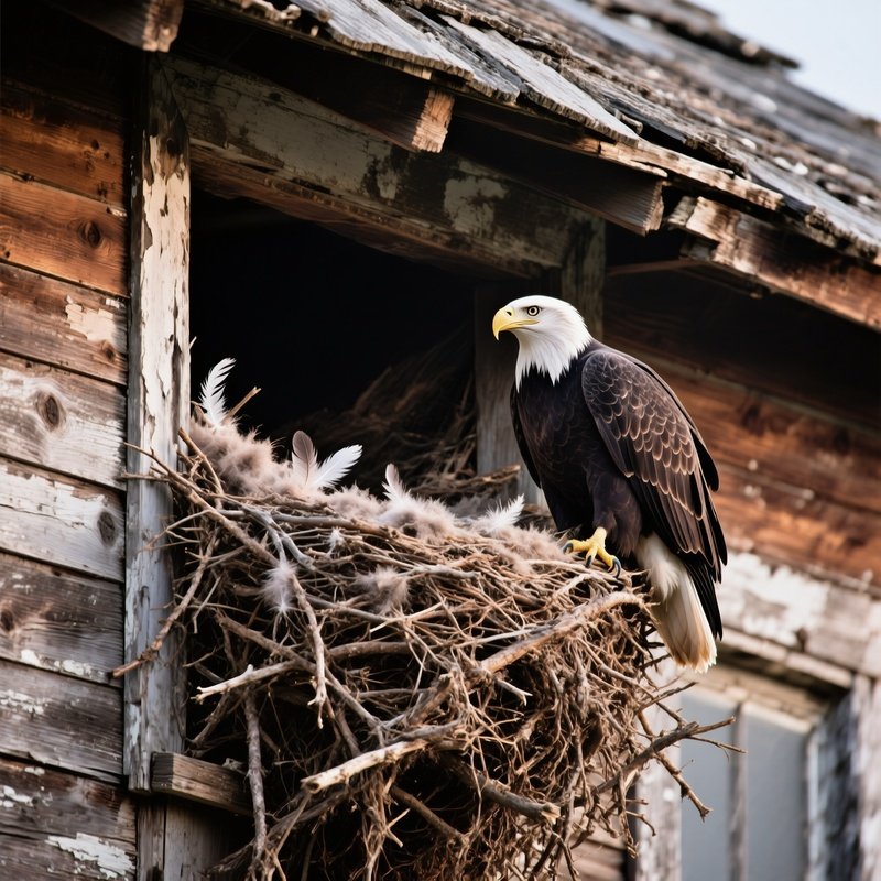 Bald Eagle Nest On Roof Of Old House