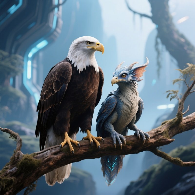 Bald Eagle Perched Harmoniously With Another Bird In Fictional Scenario