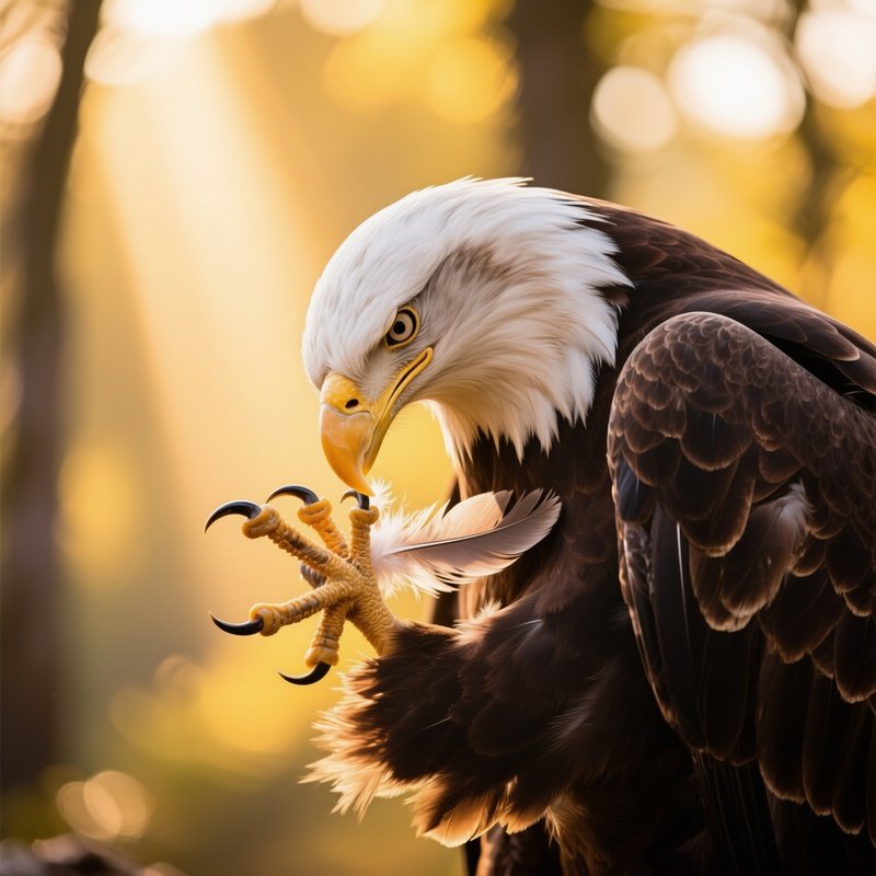 Bald Eagle Preening Feathers Sunlight