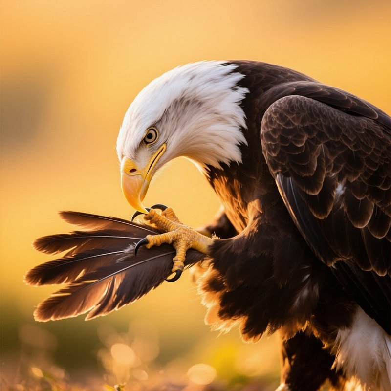 Bald Eagle Preening Feathers Under Soft Sunlight