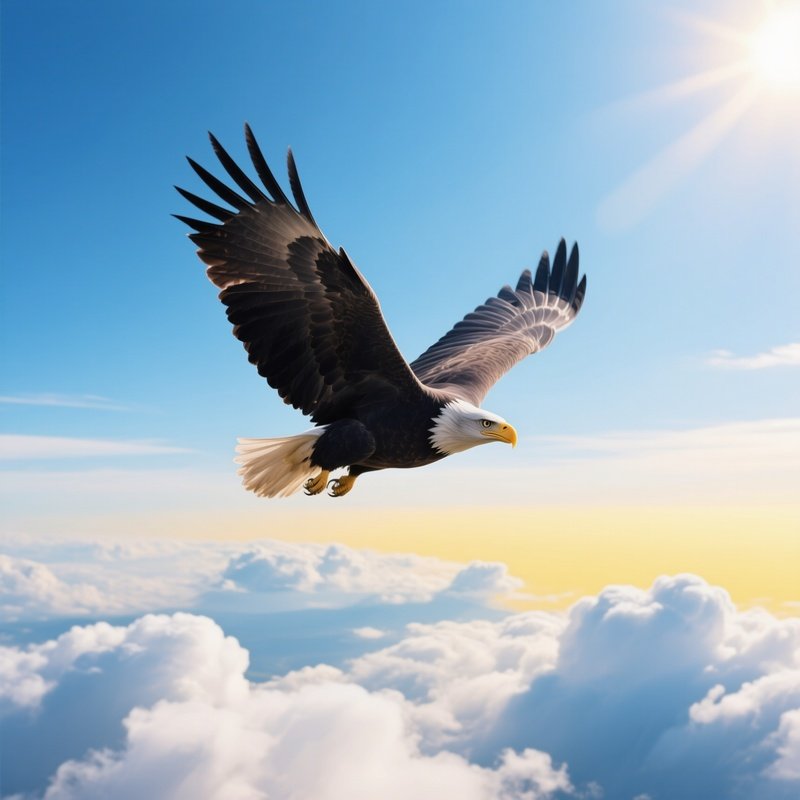 Bald Eagle Soaring High With Clouds Beneath