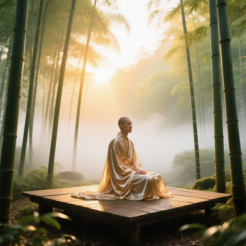 Bamboo Forest Clearing At Sunrise With Silk Robe On Platform