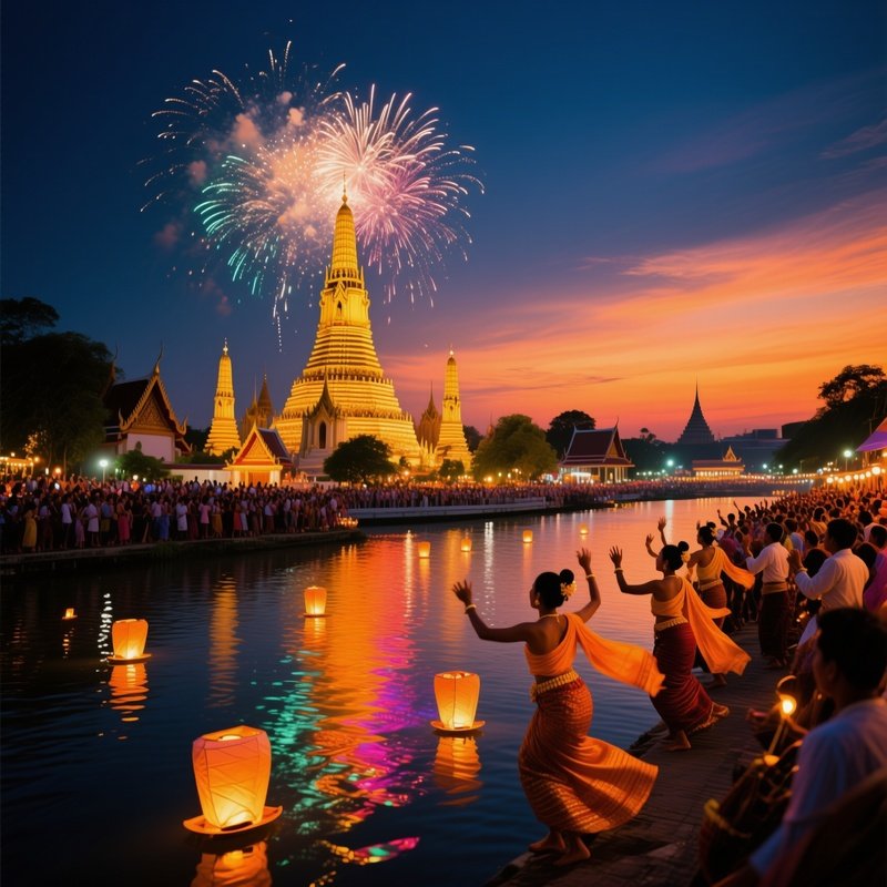 Bangkok Street Festival Twilight Fireworks Lanterns Dancing