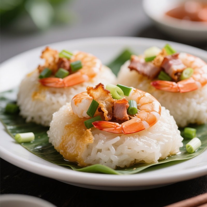 Bánh Bèo Small Steamed Rice Cakes Topped With Shrimp, Scallions, And Crispy Pork Skin