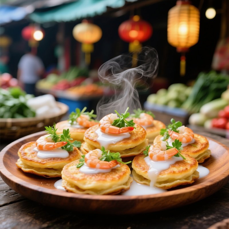 Bánh Khot Mini Savory Pancakes Rice Flour Coconut Milk Shrimp Herbs