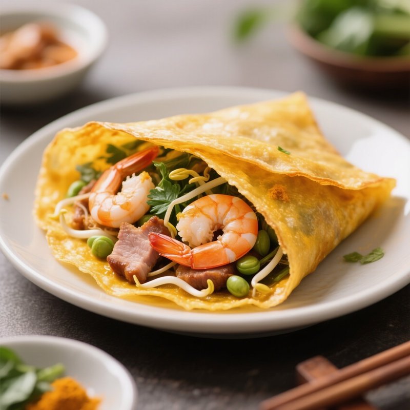 Bánh Xèo Crispy Turmeric Rice Crepes Filled With Shrimp, Pork, Bean Sprouts, And Herbs