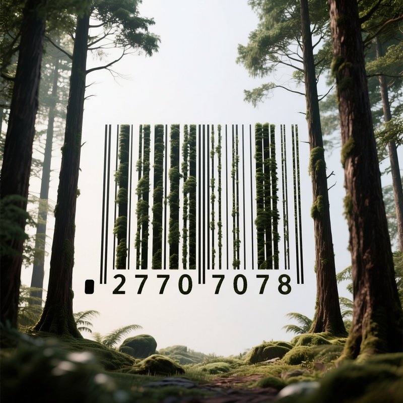 Barcode: A Barcode Where The Bars Are Actually Tall Trees In A Forest, Symbolizing The Intersection Of Commerce And Nature.