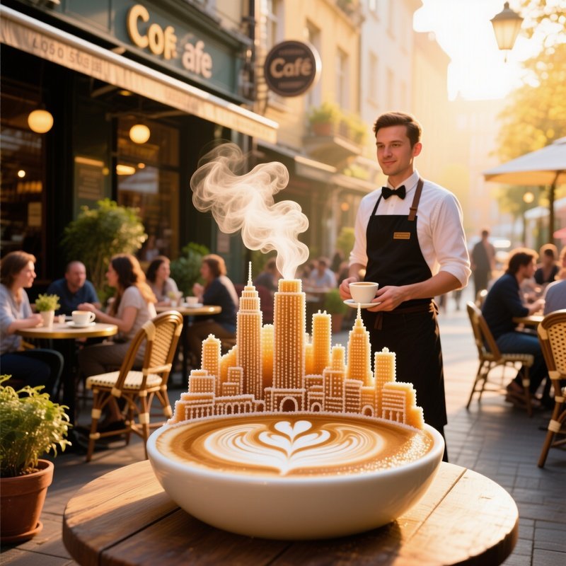 Barista Presenting Latte Art City Skyline