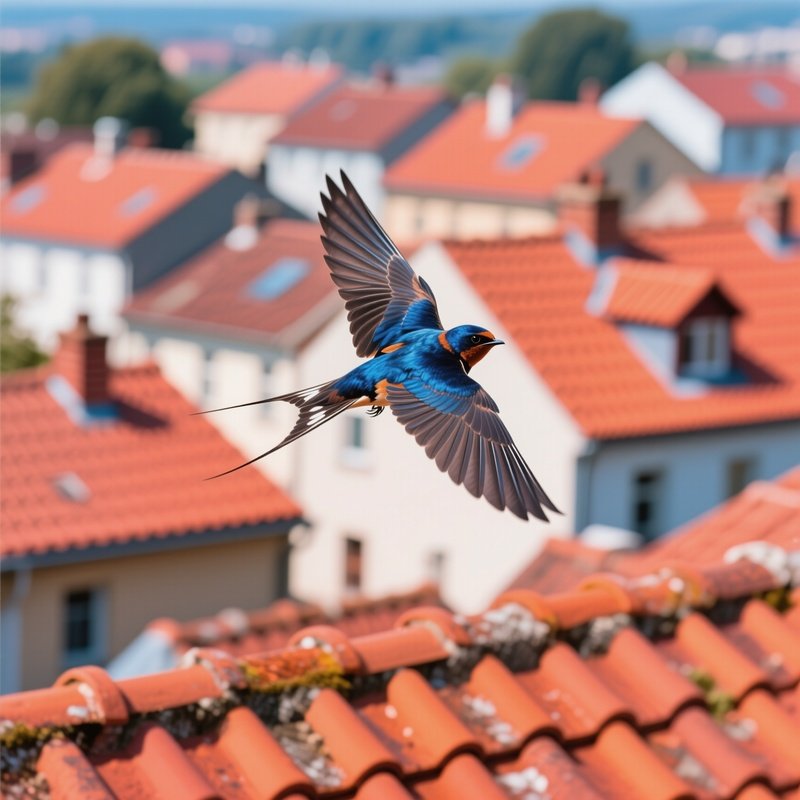 Barn Swallow Flying Over Rooftops