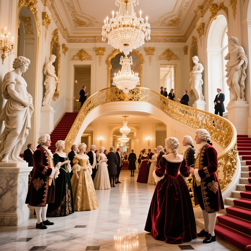 Baroque Theater Lobby With Marble Statues Gilded Balustrades And Patrons