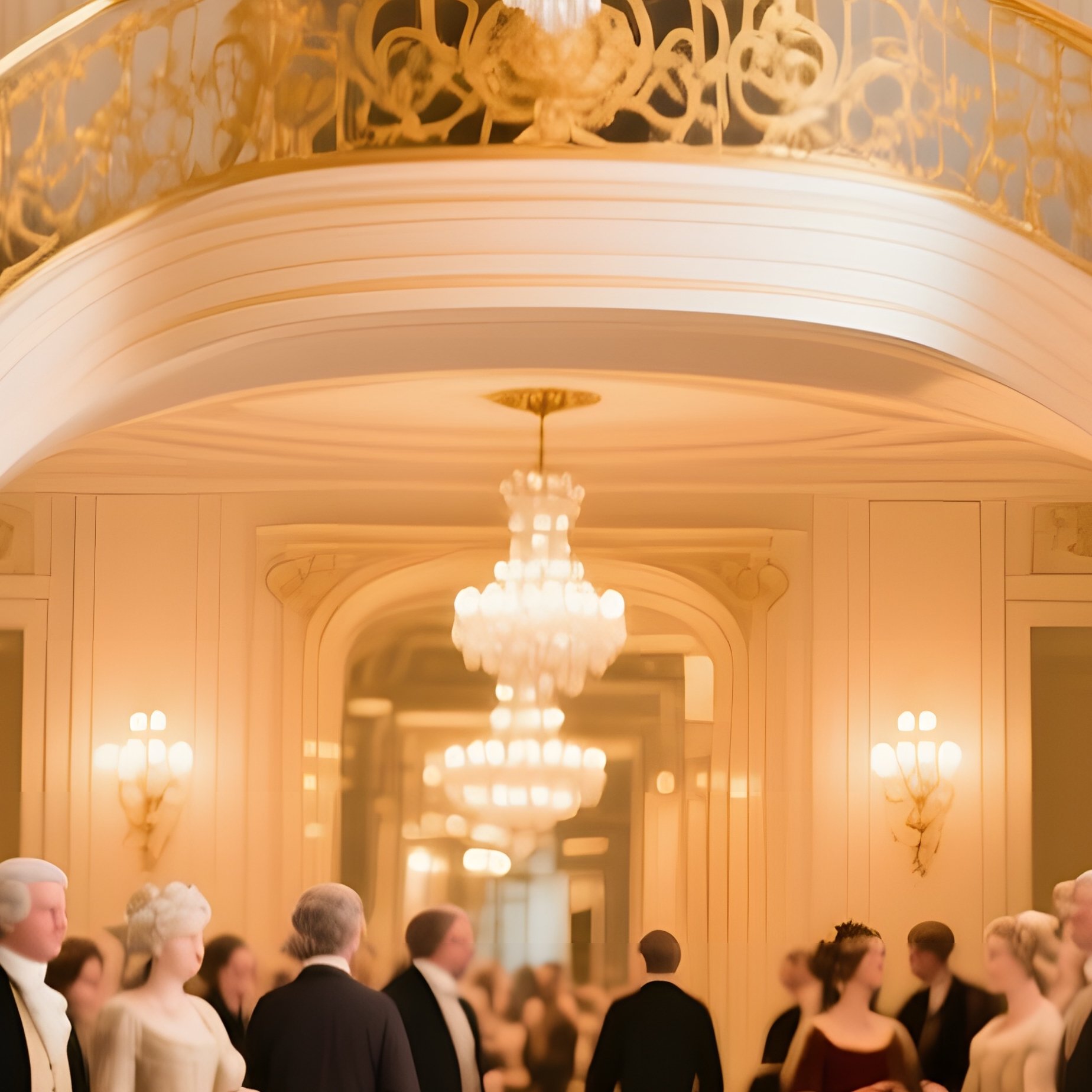 Baroque Theater Lobby With Marble Statues Gilded Balustrades And Patrons - Full Resolution Quality Preview