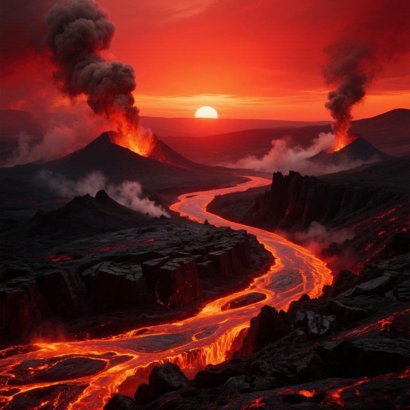 Barren Volcanic Plain Blood Red Sunset