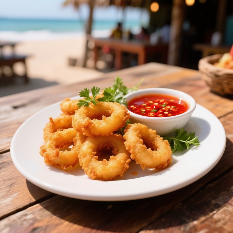Batter Fried Squid Rings With Spicy Red Dipping Sauce