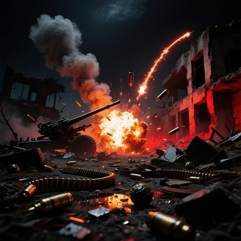 Battlefield Ruin At Night With Artillery Explosions