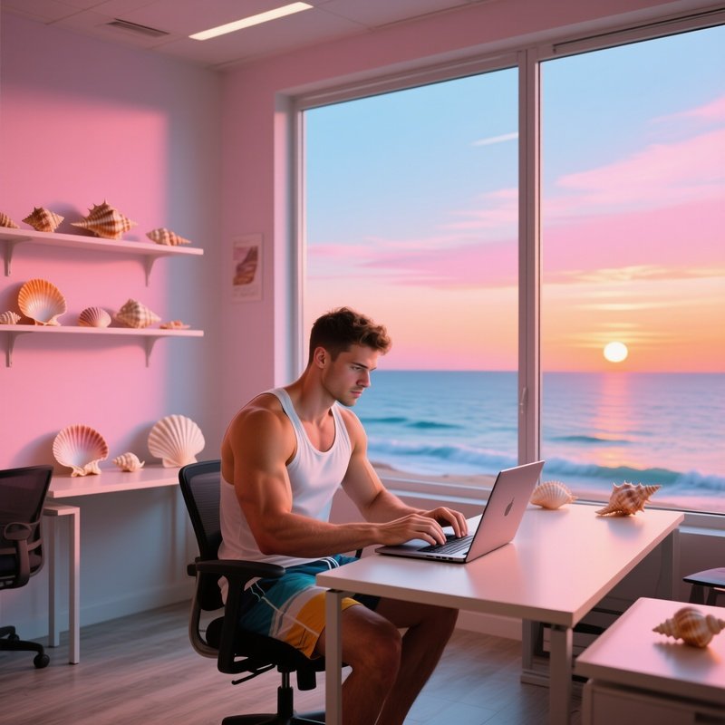 Beach Themed Office With Muscular Coder Typing