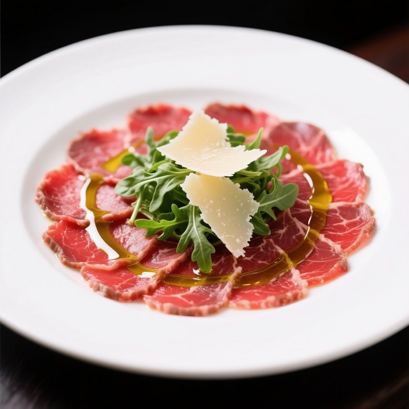 Beef Carpaccio Razor Thin Slices Raw Beef Circular Pattern White Plate