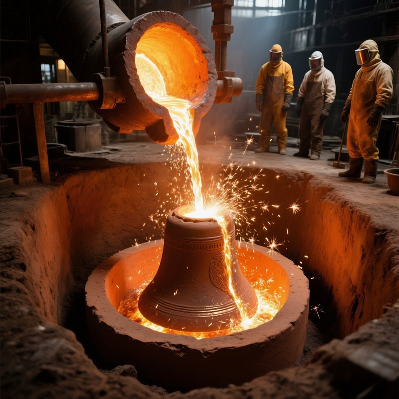 Bell Casting Molten Bronze In Clay Mold